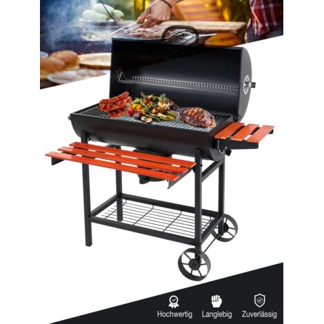 Holzkohlegrill BBQ Grillwagen – mit Deckel & Thermometer, Warmhalterost, Aschebehälter, 2 klappbaren Ablagen, Rollen – Holzkohlegrill für Garten, Terrasse & Balkon