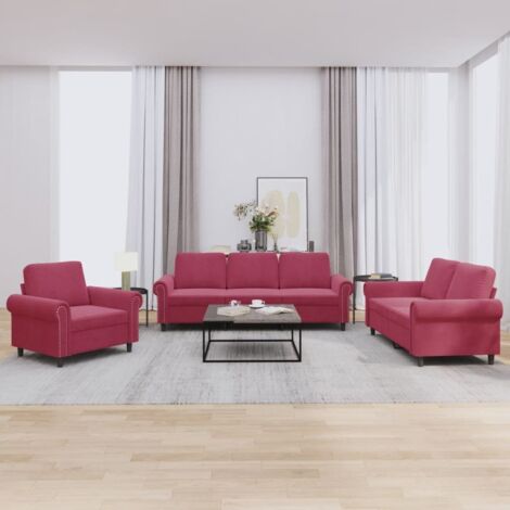 3-tlg. Sofagarnitur mit Kissen Weinrot Samt vidaXL