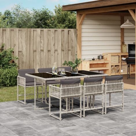 7-tlg. Garten-Essgruppe mit Kissen Hellgrau Poly Rattan vidaXL