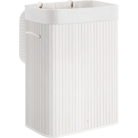 72 L Wäschekorb, Wäschebox mit Deckel, Wäschesammler aus Bambus, mit Griffen,3 Fächern, faltbar, Baumwolle Wäschesack in der Maschine waschbar,Waschküche, weiß LCB010W01 (1/5)