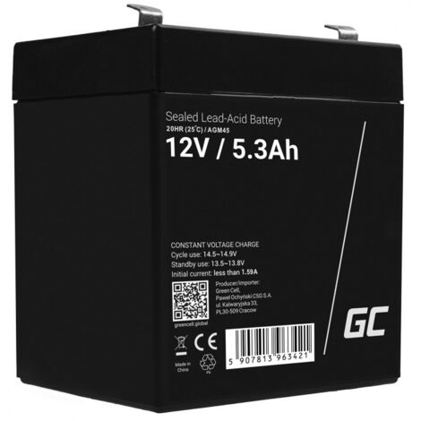 Green Cell Replacement AGM Gel Battery 12V 5.3Ah Rechargeable Sealed Lead Acid Battery Maintenance Free Battery Replacement Battery for Burglar Alarm Systems Video Surveillance (1/5)