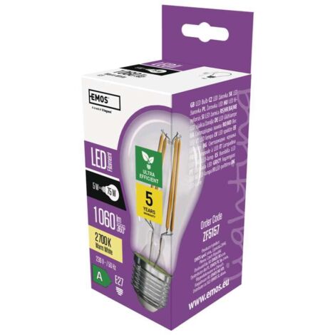EMOS LED Lampe Edison A60, 5W Ersatz für 75W Glühbirne, A Klasse Vintage-Birne mit E27 Sockel, Helligkeit 1060 lm, Warmweiß 2700 K (1/5)