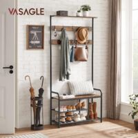 VASAGLE Portemanteau, Vestiaire Industriel avec Banc à Chaussures, 9 Crochets Amovibles, 85 x 30 x 180,5 cm,Marron rustique et noir