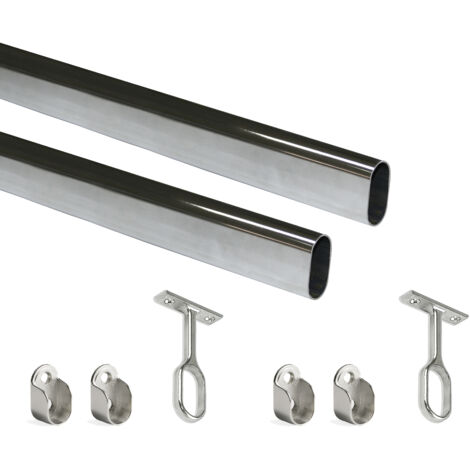 Emuca Lotto di 2 tubi appendiabiti ovali 30x15mm per armadi lunghezza 1,15m con reggitubi, Acciaio e Zama, Cromato lucido