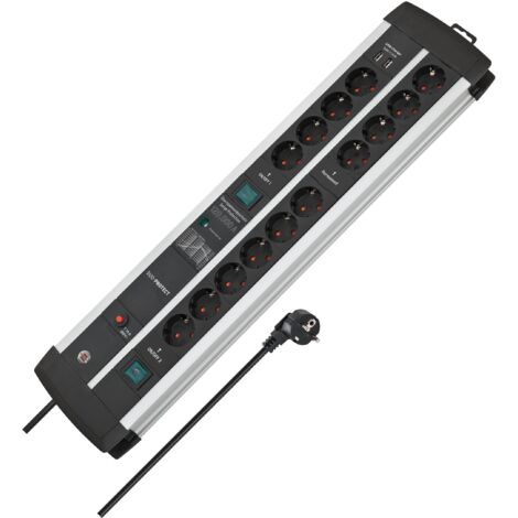 Brennenstuhl Premium Protect-Line - Ciabatta da gaming, 14 prese, con 2 interruttori e protezione da sovratensioni (presa multipla con cavo da 3 m, 2 porte USB 3,1 A, Made in Germany