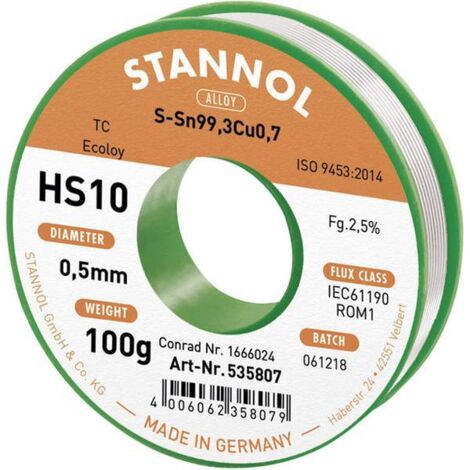 Stannol HS10 2,5% 0,5MM SN99,3CU0,7 CD 100G Stagno senza piombo senza piombo, Bobina Sn99,3Cu0,7 ROM1 100 g 0.5 mm