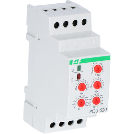 Relè temporizzato multifunzione PCU-520, due tempi indipendenti T1 e T2, contatto U=230V, I=2x8A, 2 moduli