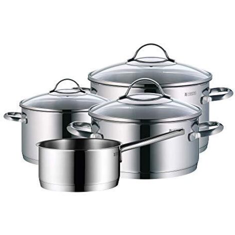 Set di 7 Pentole e Padelle in Acciaio Inox Cromargan WMF Provence Plus per Induzione, Inclusi Pentola per Arrosto, Casseruola, Padelle con Manico e Bordo per Versare, Coperchio in Vetro, Ideale per Cu