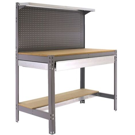 SimonRack Banco da Lavoro con Cassetto Telescopico, Pannello Forato e Ripiano Superiore – Portata 600 kg – 1445x1210x610 mm – Tavolo Officina Fai da Te – Grigio/Legno – BT-3
