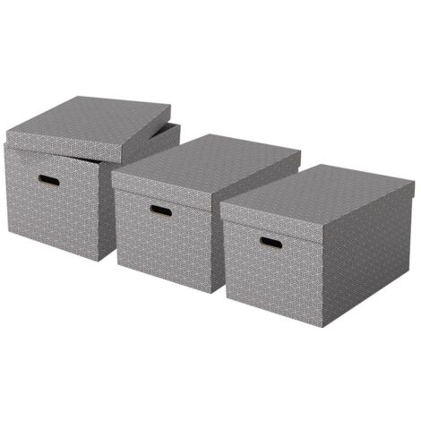 Esselte Set di 3 Contenitori Grandi con Coperchio in Cartone Riciclato e Riciclabile al 100%, Ottimali per lo Stoccaggio e l'Archiviazione, Design Geometrico, 355 mm x 305 mm x 510 mm, Grigio (1/5)