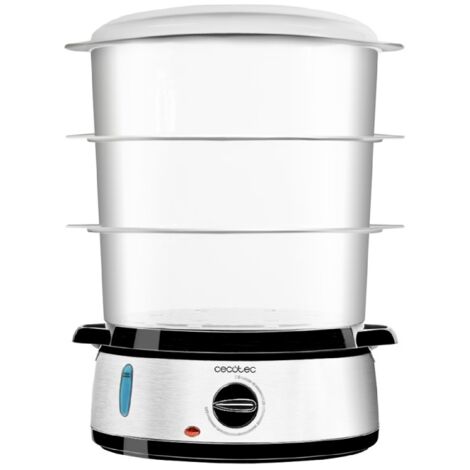 Cecotec Vaporiera Elettrica Vapovita 3000 Inox con 3 Recipienti Indipendenti, Cuociriso, Supporti per Uova, Timer 60 Minuti, 2 Ingressi Laterali d'Acqua, Potenza 800W