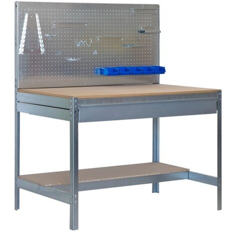 SimonRack Banco da Lavoro con Cassetto a Guide Telescopiche e Pannello Forato – Portata 600 kg – 1445x1210x610 mm – Postazione Fai da Te Officina – Zincato/Legno – BT-2