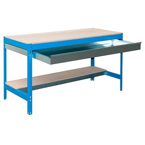 SimonRack Banco da Lavoro da Officina, Portata 600 kg, 842x1210x760 mm, Cassetto e Ripiano, Tavolo da Lavoro, Blu/Legno – Bt-0