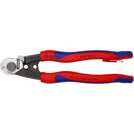 KNIPEX 95 62 190 T Cesoia per funi in acciaio forgiata rivestiti in materiale bicomponente, con anello di fissaggio incorporato per agganciare una protezione anticaduta 190 mm