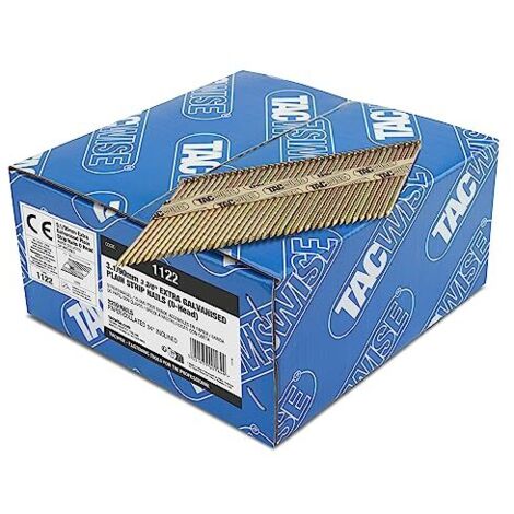 Tacwise 1122 3.1/90 mm Chiodi in Stecca Lisci Extra Zincati, Testa a D, Inclinati 34°, Fascicolati in Carta, Confezione da 2.200