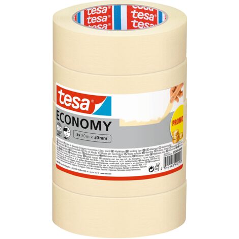 tesa Nastro per Mascheratura ECONOMY EcoLogo - Nastro in Carta per Mascheratura, Rimozione senza Residui per 4 Giorni, senza Solventi - Sottile, 5x 50 m x 30 mm