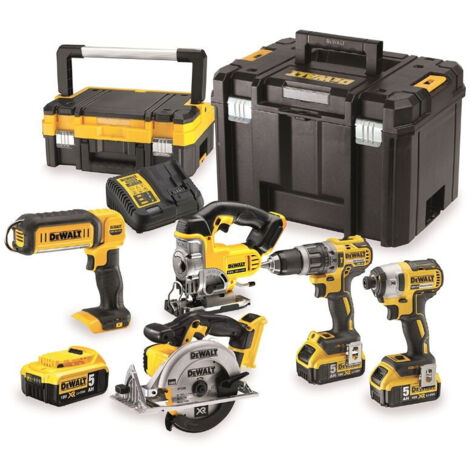 Dewalt – Set di elettroutensili 18V con 3 batterie 5Ah e caricabatterie – Trapano, avvitatore, sega circolare, seghetto alternativo – DCK551P3T (1/5)