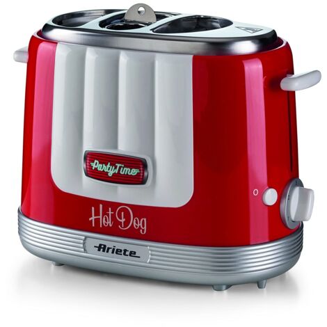 Ariete 206 Hot Dog Maker Party Time, Macchina per Hot Dog con 4 Spazi di Cottura, 5 Livelli di Cottura, Macchina Hot Dog Espulsione Automatica, 650W, Rosso