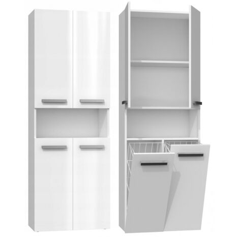 Mobile lavanderia componibile PIERO con 2 Cestelli per biancheria - 60 x 30 x 174h cm - Bianco laccato (1/4)