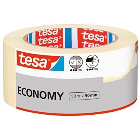 tesa Nastro per Mascheratura ECONOMY EcoLogo - Nastro in Carta per Mascheratura, Rimozione senza Residui per 4 Giorni, senza Solventi - Sottile, 50 m x 50 mm
