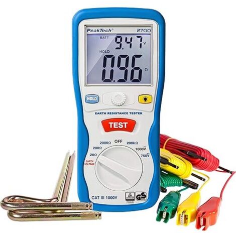 Peaktech P 2700 – Misuratore di Resistenza di Terra Digitale, Display LCD a Doppia Illuminazione e 2 Aste di Terra, Resistenza di Terra, Ac/Dc, Tüv/Gs, Blocco Dati, Arresto Automatico - Cat Iii 1000 V