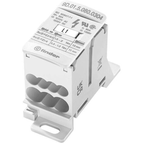 Finder 9D.01.5.080.0304 Distributore Bianco 7 poli 6 mm² 80 A 1000 V/AC, 1500 V/DC Tipo di conduttore = L, N, PE