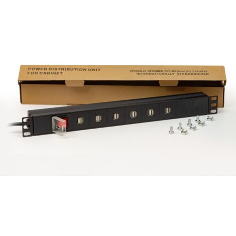 Link multipresa 1U 19" per armadi rack LK10064-12 prese USB 3,4A ricarica dispositivi mobili con interruttore LED e 6 prese universali/Schuko, metallo 1 unità, 48,5x4,5x4,5. Alette reversibili. (1/5)