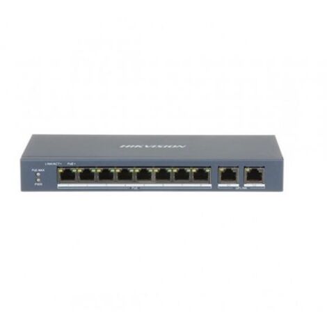 Switch di Rete Hikvision DS-3E0310P-E/M Non Gestito, 8 Porte PoE 10/100 Mbps + 2 Porte Giga Ethernet 10/100/1000 Mbps, Supporto Power over Ethernet 60W, Nero (1/4)