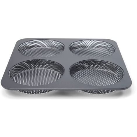 patisse Stampo forato per panini per hamburger, rivestimento antiaderente, 4 cavità rotonde da 12 cm ciascuna, dimensioni padella 28 x 28 cm, profondità 2,5 cm, medio, nero (1/5)