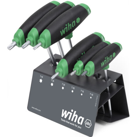 Wiha Set di chiavi a brugola con impugnatura a T ComfortGrip TORX®, 7 pezzi, con attacco laterale, cromato opaco, in supporto da banco (45623)