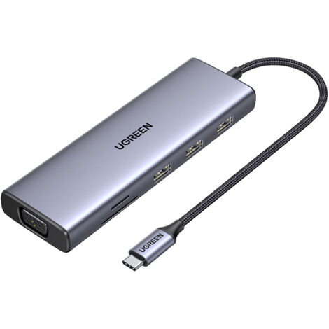 Adattatore HUB USB-C - 3x USB-A 3.0 / HDMI / VGA / RJ45 / lettore di schede SD / TF / USB-C PD - grigio (1/5)