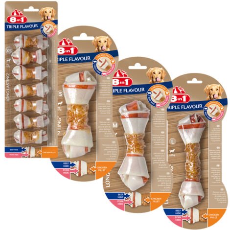 6 Ossa Triple Flavour taglia L con triplo gusto pollo, manzo e maiale - OFFERTA RISPARMIO 6 confezioni da 1 osso cad
