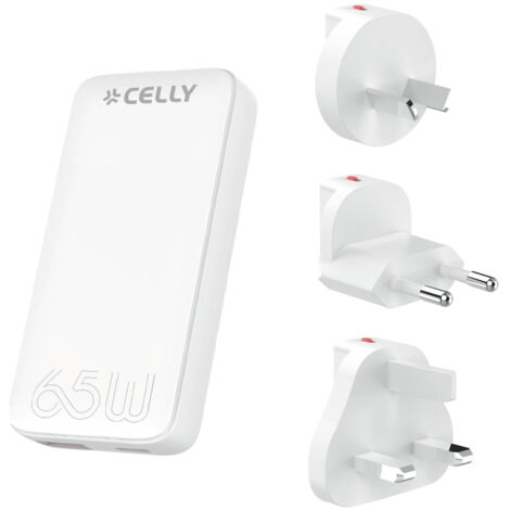 Caricabatterie Universale Celly TCTRAVELUNI65W con Tecnologia GaN, Ricarica Rapida, Presa Multipla Salvaspazio, Spina USB-C e USB-A, Adattatore Universale UE/UK/AUS/US per Viaggi (1/2)