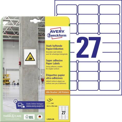 Avery-Zweckform L7874-20 Etichetta super resistente 63.5 x 29.6 mm Carta Bianco 540 pz. A tenuta permanente, A tenuta f (1/5)