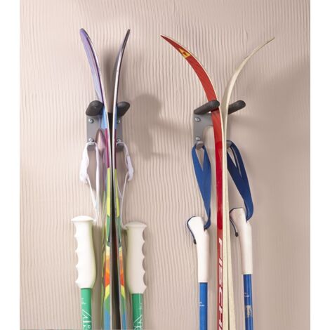 Gancio e Supporto per Sci e Bastoni - Robusto e Resistente - Doppio Gancio - Risparmia Spazio nel tuo Garage o Ripostiglio - Colore Nero - Gancio di Ancoraggio a Parete - Dicoal