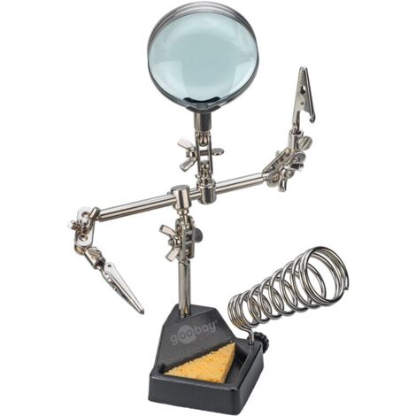 goobay Terza mano con lente d'ingrandimento 2,5x e supporto per saldatore, saldatore de con morsetti regolabili, lente d'ingrandimento de 60 mm, base de ghisa, per elettronica e fai da te, 76560 (1/5)