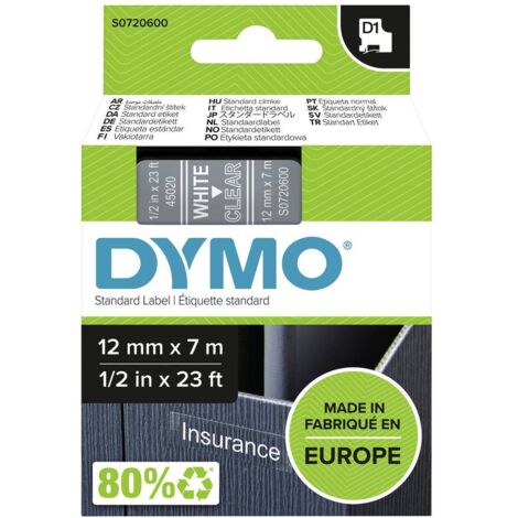 Cassetta nastro DYMO D1 45020 Colore Nastro: Trasparente Colore carattere:Bianco 12 mm 7 m