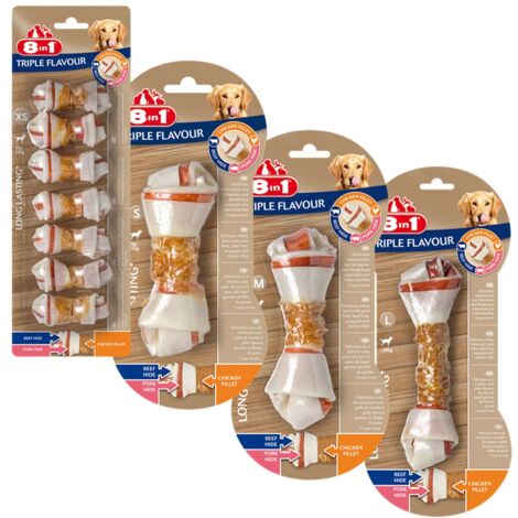 42 Ossa Triple Flavour taglia XS con triplo gusto pollo, manzo e maiale - OFFERTA RISPARMIO 6 confezioni da 7 ossa ciascuna