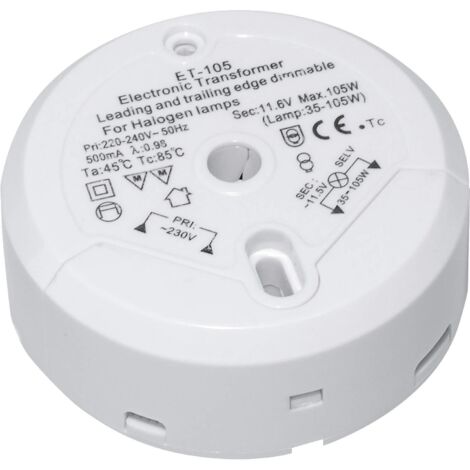 trasformatore alogeno Transmedia LT5-3L, 230/12V/35-105W, protezione da sovraccarico, fusibile di temperatura, non cadente, ø 85 x 22 mm