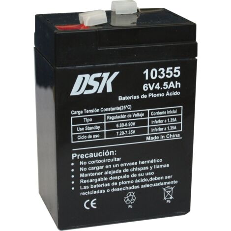 DSK 10355 - Batteria al piombo sigillata AGM ricaricabile da 6V 4,5 Ah. Ideale per allarmi domestici e industriali, giocattoli elettrici, recinzioni, bilance e dispositivi per la mobilità, Nero