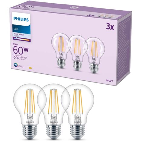 Philips LED E27, confezione da 3 lampadine, equivalente a 60 W, lampadine LED filamento, Vetro, Luce Bianca Naturale 4000K, LED a risparmio energetico con lunga durata (1/4)