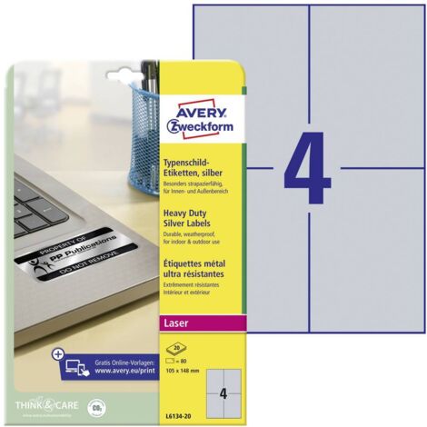 Avery-Zweckform L6134-20 Etichetta per cartellini e targhette 105 x 148 mm Pellicola in poliestere Argento 80 pz. A ten (1/5)