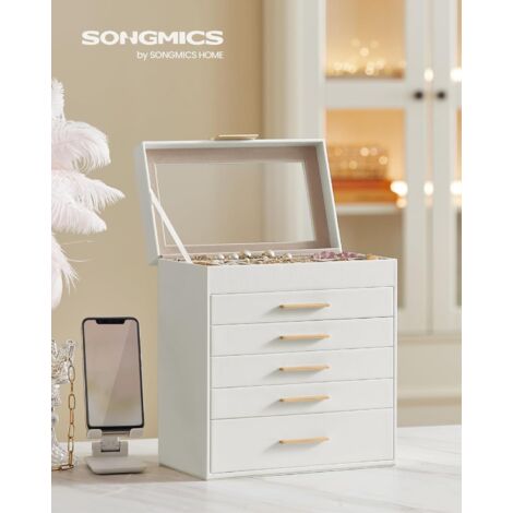 SONGMICS Scatola Portagioie, 6 Livelli, Coperchio in Vetro, 5 Cassetti, Porta Gioielli, Occhiali da Sole e Accessori Grandi, Moderno, Bianco Nuvola e Dorato (1/5)