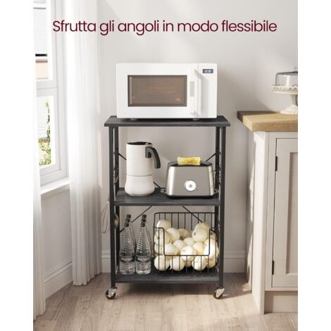 VASAGLE Scaffale da Cucina con Rotelle, Carrello di Servizio con 3 Ripiani, Scaffale per Microonde, Forno, Tostapane, Struttura Metallica con 6 Ganci, Industriale, Colore Ebano e Nero (1/5)