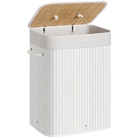 Cesto de la Ropa Sucia con Tapa, 72 L, Cesto de Lavandería de Bambú, Plegable, con Bolsa Lavable Extraíble, Asas, para Lavandería, Dormitorio, Blanco (1/5)