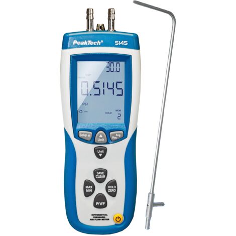 PeakTech P 5145 - Misuratore differenziale e velocità dell'aria 2 in 1 con tubo Pitot, manometro con USB, massa dell'aria e temperatura dell'aria (1/2)