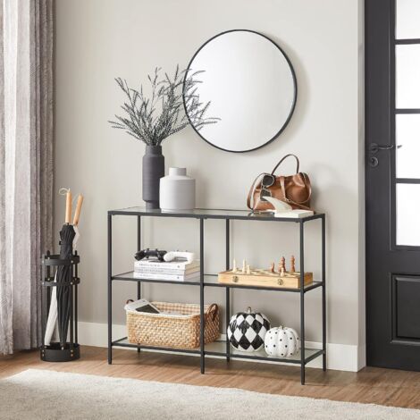 VASAGLE Tavolo Consolle, Consolle Ingresso a 3 Ripiani, Scaffale in Vetro Temperato, 100 x 30 x 73 cm, Struttura in Metallo, Moderno, Corridoio Soggiorno Camera da Letto, Nero (1/6)