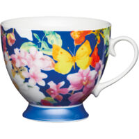 Kitchencraft tazza grande con farfalla 'Footed printed flowers mugs, 400 ml (Set di 4), porcellana, blu, 13 x 10,5 x 9,5 cm