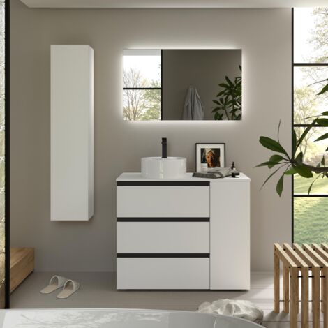 Meuble de salle de bain BEQUIA PLUS 3C 90cm Blanc mat Vasque à poser Porcelaine Côté réversible 1P (1/5)