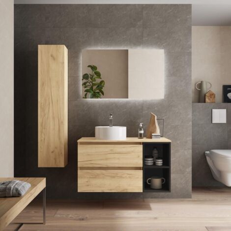 Meuble de salle de bain BEQUIA Plus 100cm Chêne/Noir Vasque à poser Porcelaine Côté réversible (1/5)